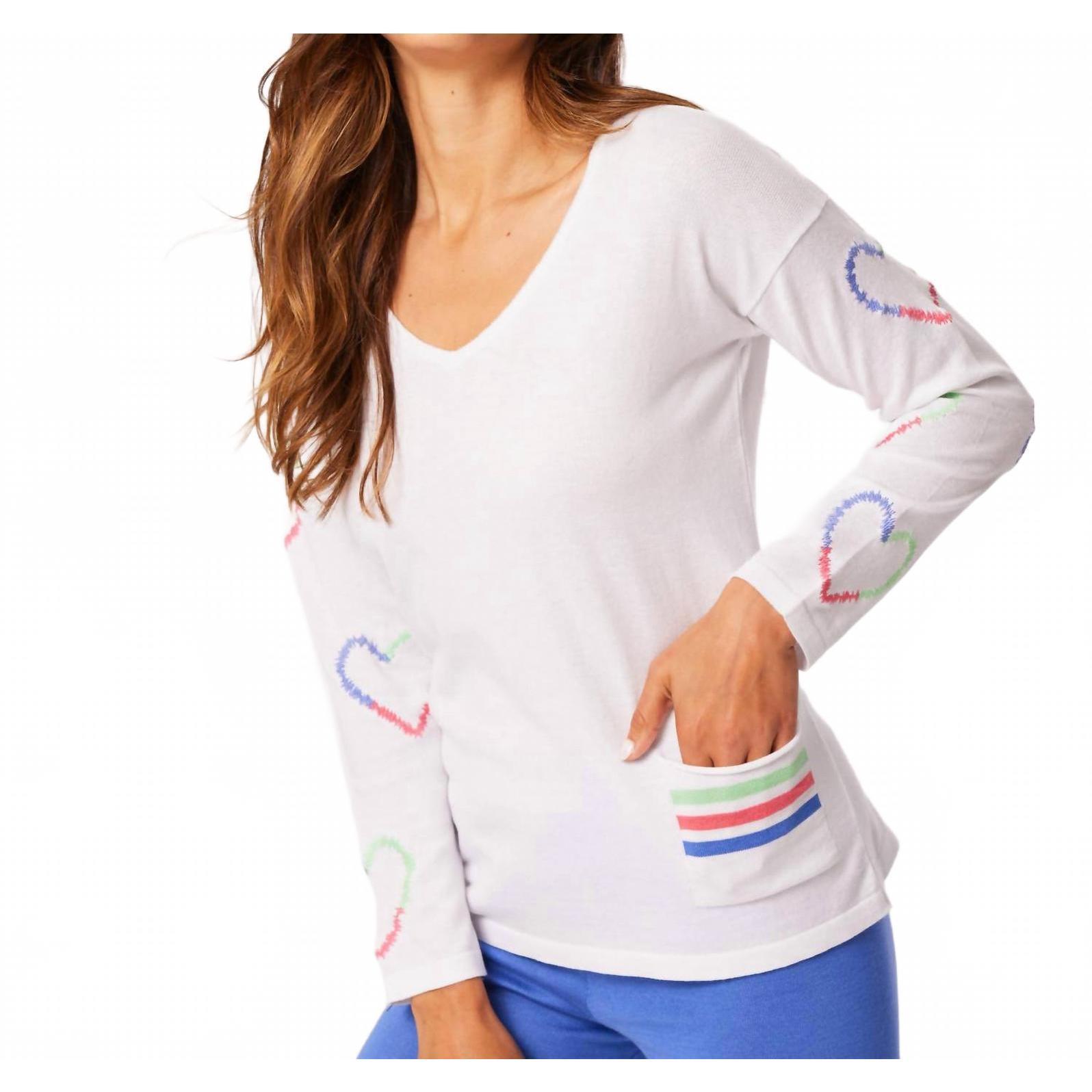New French Kyss Heart Sleeve V Neck Top In White/Multi